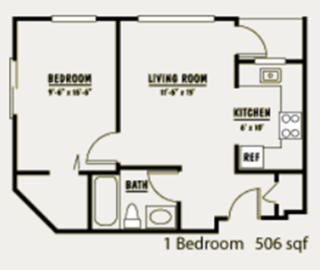 Floor plan for 1 bed, 1 bath, 648 sqft